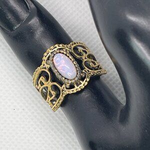 Sarah Coventry Gold-Tone Adjustable Filigree Ring Faux Opal Size 8.25 Vintage
